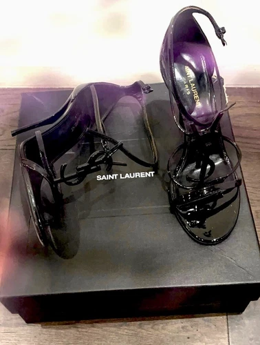 YSL Women’s Shoes Logo Sandals Black Patent Size 9