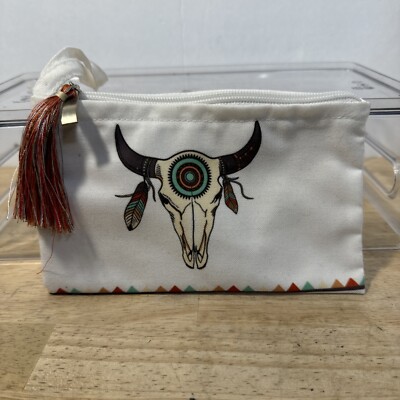 Make-Up Bag Wristlet Clutch with Tassel. zipper Bag Cow/horns/feathers.7 x4  New