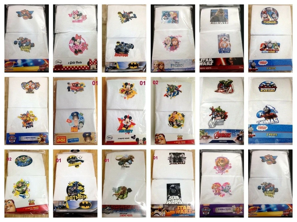 DISNEY MARVEL JUNGEN Mädchen Kinder 2er-Pack Charakter Baumwolle Westen Oberteil Unterwäsche 1,5-8 Jahre 92-128 cm