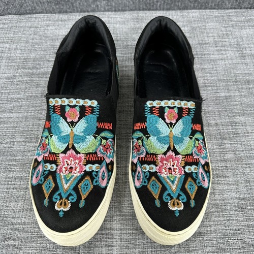 Johnny Was Vinny Butterfly Loafers Womens Sz 9 Black Multi Embroidered Slip On - Picture 5 of 13