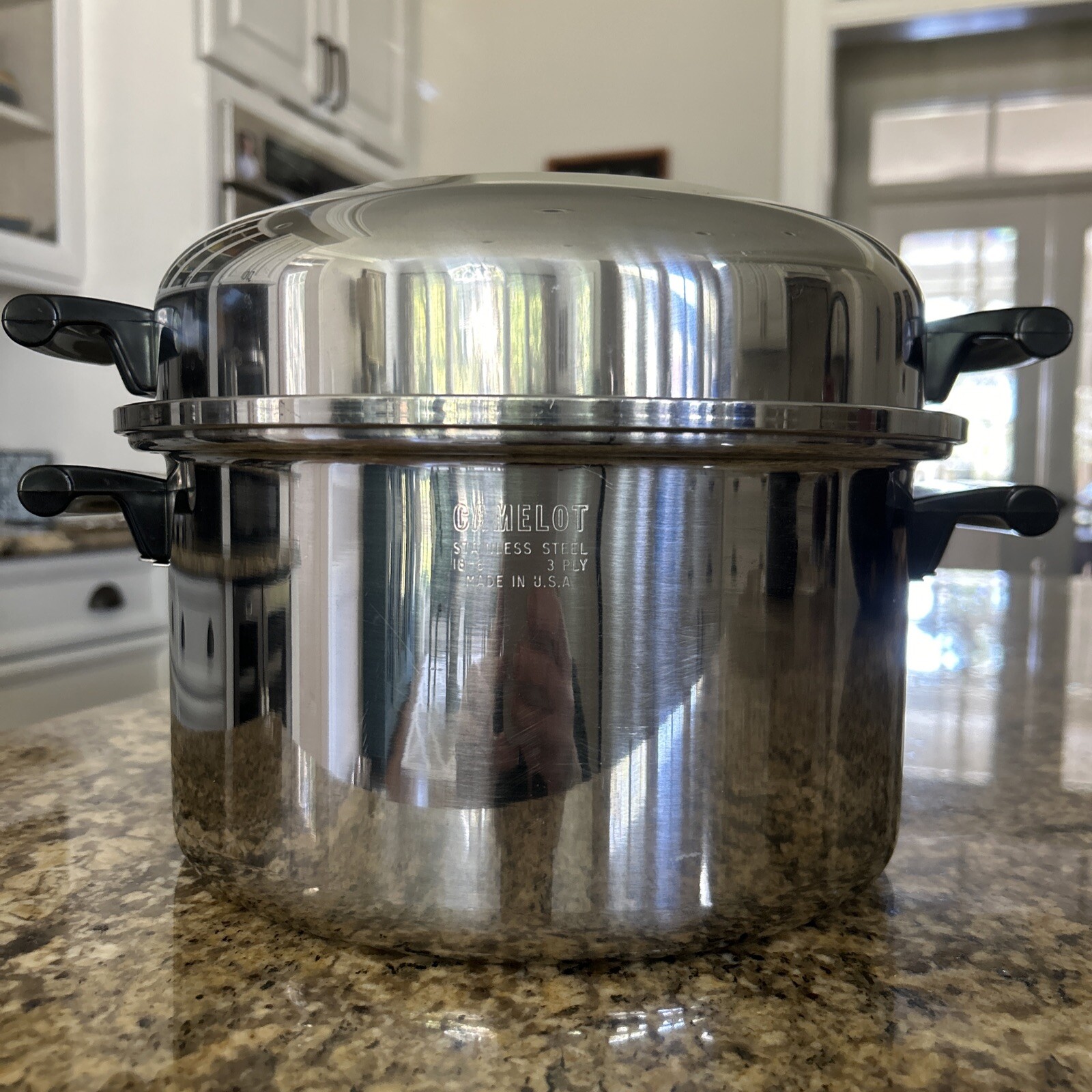 Vtg Camelot 6 Qt Double Handle Pot with Dome Lid &Egg Poacher Made In