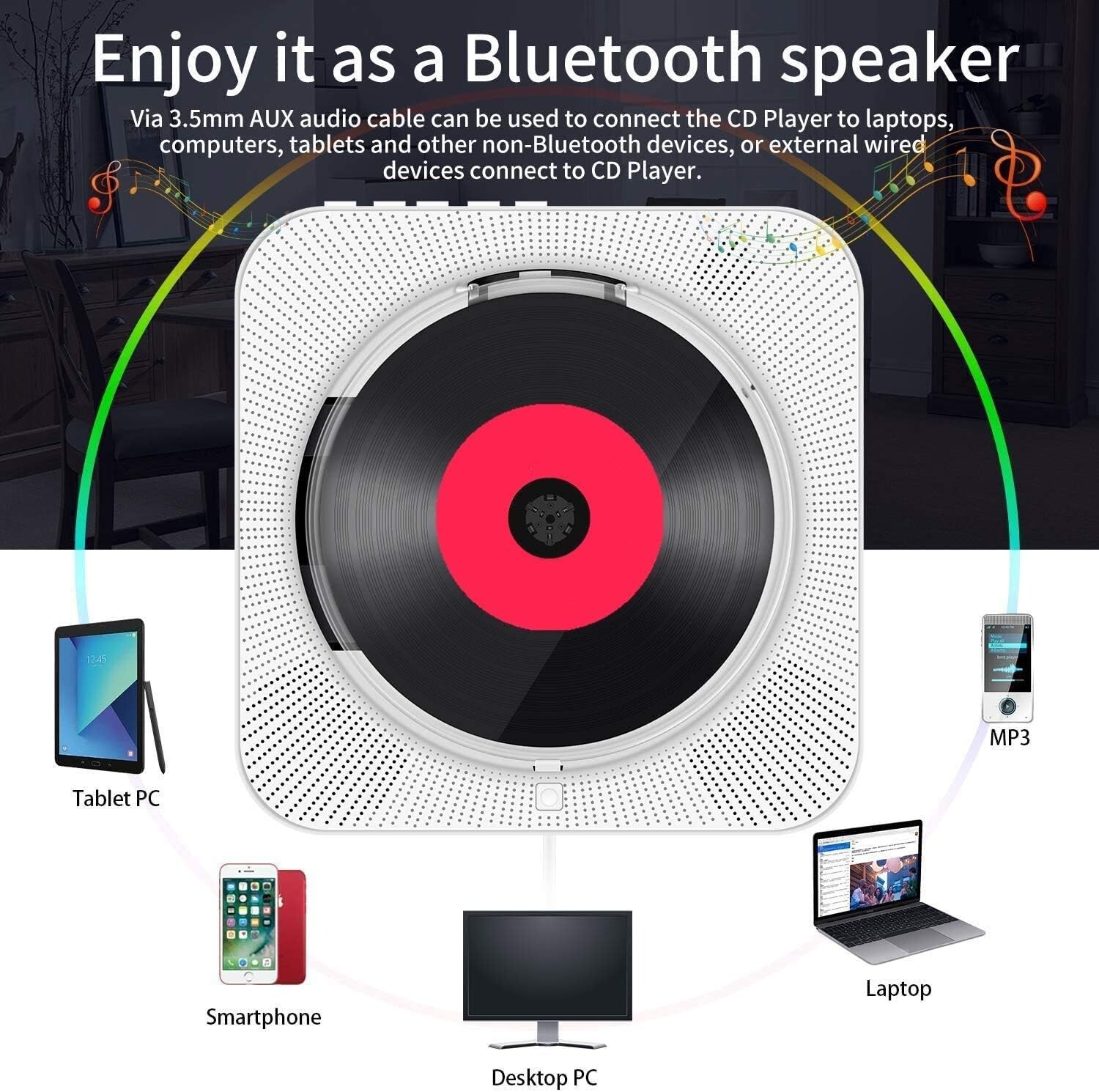 Lecteur CD mural pour salon et chambre avec radio FM et enceintes Bluetooth bois