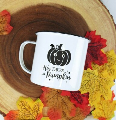 Personalised Hey There Pumpkin Mug 380ml Tin Metal Enamel Coffee Halloween  Cup UK