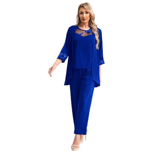 Womens 3 Piece Chiffon Pant Suits Tank Top Cardigan and Pants Evening Outfits - Picture 61 of 95