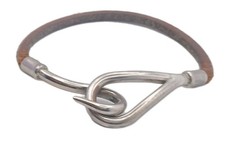 Hermès Jumbo Hook Bracelet Brown Leather Palladium Plated Slim Small Wrist