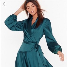 NASTY GAL Turquoise Faux Wrap Satin Mini  Dress Size 6 Long Sleeve