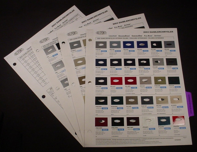 2003 DIAMLER CHRYSLER 2-SIDED DUPONT PAINT COLOR CHIP CHARTS