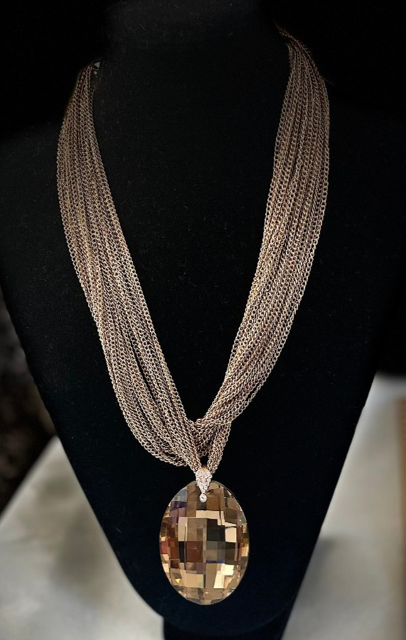 Necklace large Teardrop champagne color Glass Pendant Multi Strand Gold Tone 18