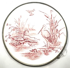 Antique American Pewter-Mounted Porcelain Trivet or Tea Tile, Dunham, Maine