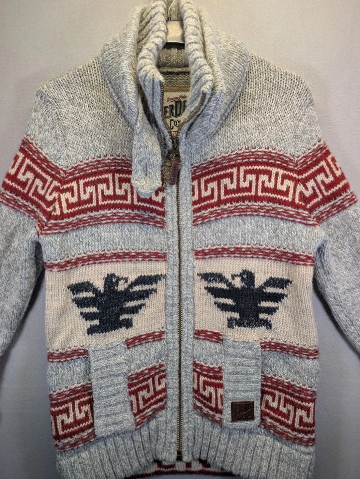 Superdry Cardigan Mens Large Grey Chunky Knit Zip Aztec Nordic Cowichan Sweater - Image 2 of 4