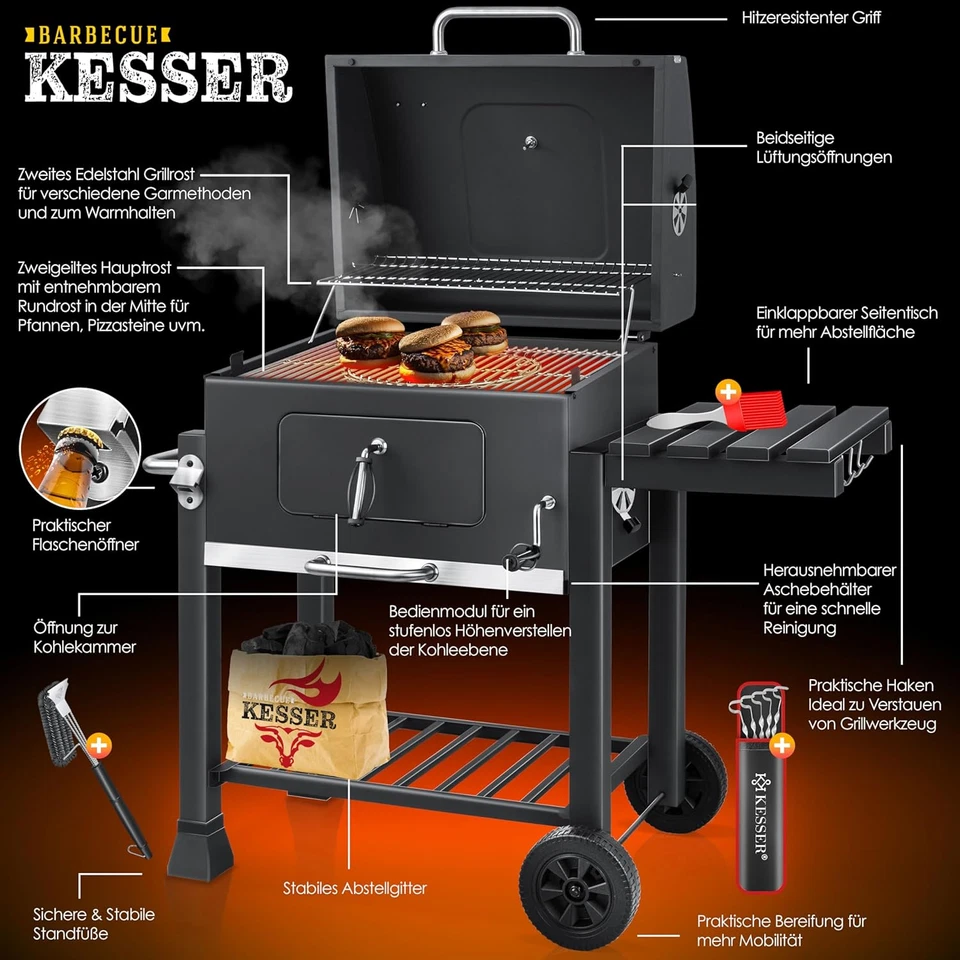 ® Barbecue Con Carrello XL Barbecue a Carbonella Con Coperchio, Ruote, Manico in - Immagine 3 di 4