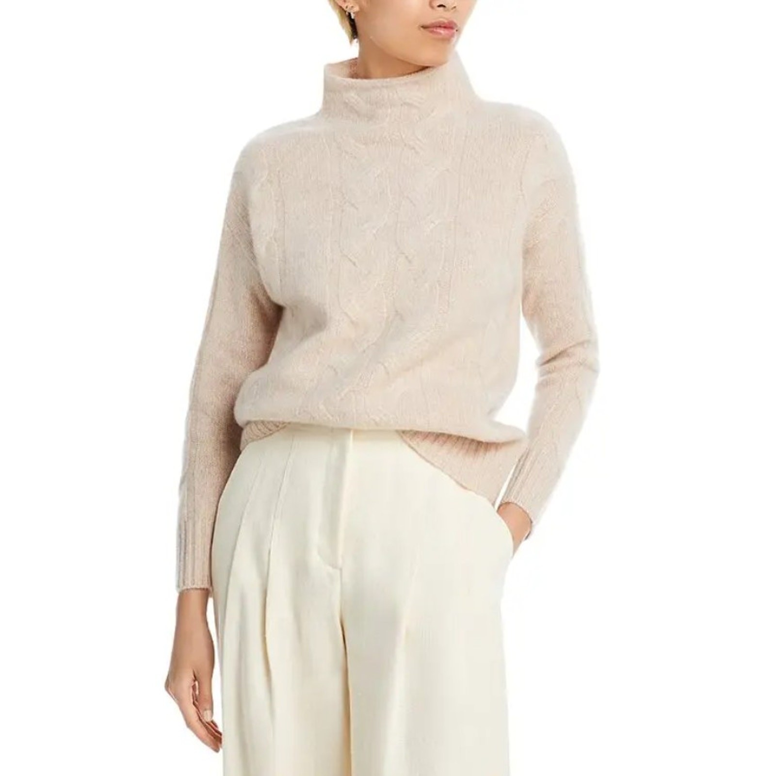 C by Bloomingdale's Women Oatmeal Cable Knit Cashmere Mock Neck Sweater Size S