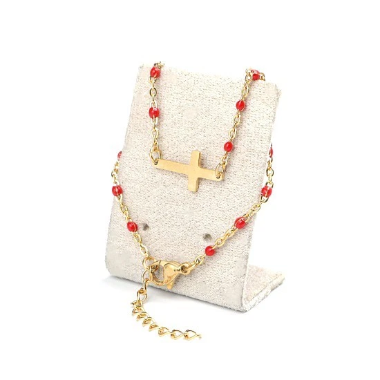 Bracelet Chaînette et Crucifix en Acier Inoxydable doré et Perles d'email Rouge  - Photo 1/3