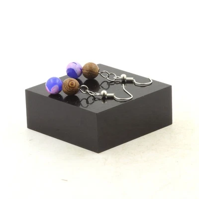 Boucles D'oreilles 2 Perles Agate veines de Dragon fuchsia et bleu + Fabriqué e - Photo 1/2