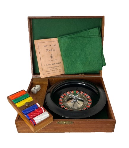 VTG MCM Wooden Casino Game Set- Roulette Wheel, Chips, Dice in Crisloid Plastics