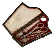 Antique Harp Shape Necessaire Sewing Set w/ 5 Pc .800 Silver