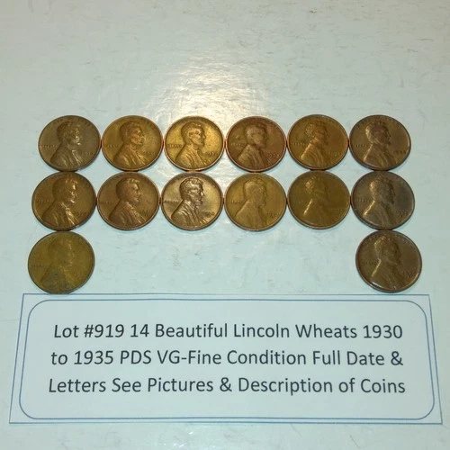 Lot #919 14 Beautiful Lincoln Wheat Coins 1930 to 1935-PDS VG-Fine See Pictures