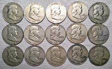 FRANKLIN 90% SILVER HALF DOLLAR LOT OF 15 1948-1960 CIRCULATED 5.42 OZ SILVER