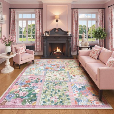 Pink Washable Rugs 8x10 for Living Room, Soft Pink Rug for Bedroom,Non Slip U...