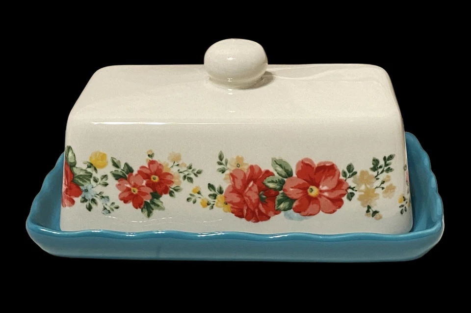 Pioneer Women Stoneware Floral Flowers Lidded Butter Dish Ruffled Tray - Image 3 of 4