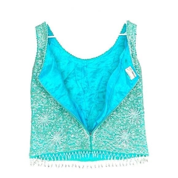 Creations by Harilela’s Hand Beaded Lambs Wool Blue Tank Shell Vintage Lantejoulas - Imagem 2 de 4