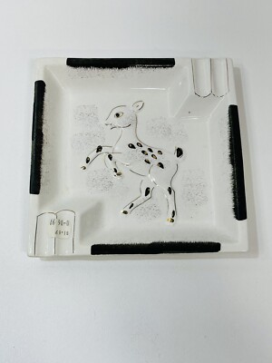 Vintage MCM Deer Fawn Ashtray 1960's Black White Gold 7''