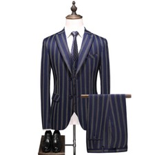 Men's Navy Blue Stripe Slim Fit Formal Business Groom Tuxedo Wedding Prom Suit