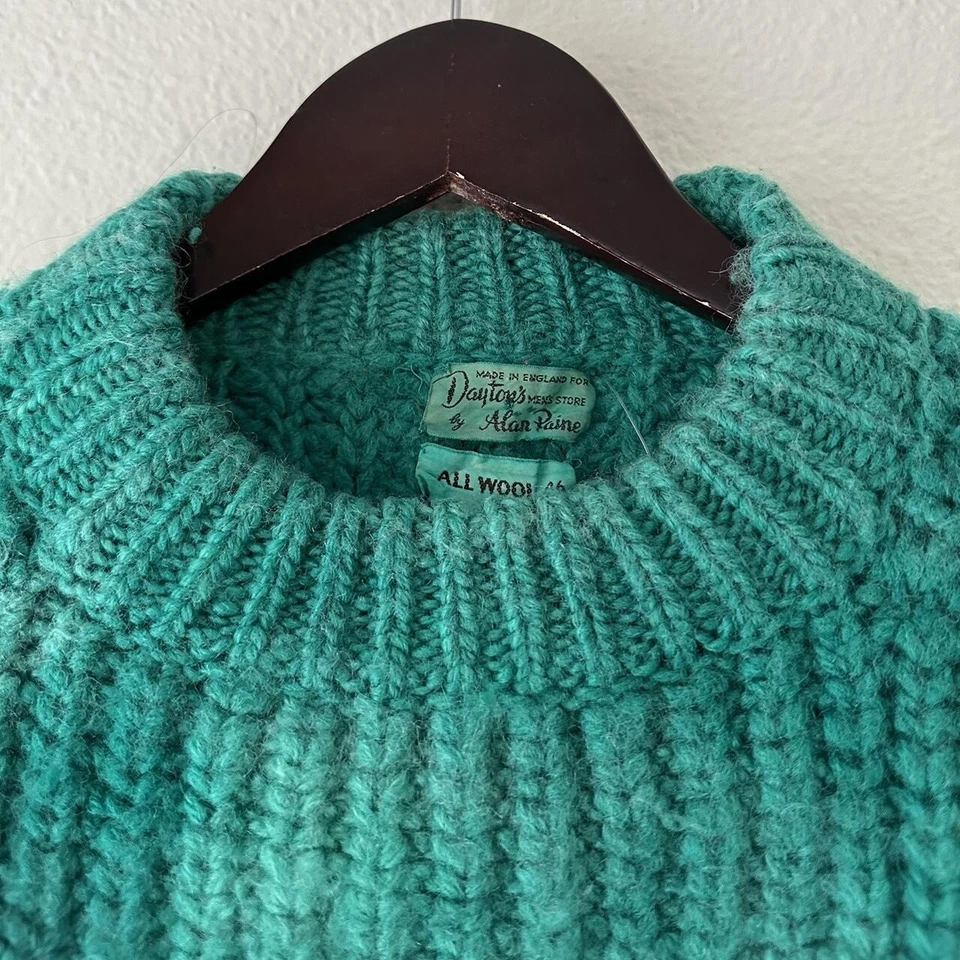 Suéter Vintage Años 50 Daytona Por Alan Paine Verde Teñido Lana Pesada Único Funky Foto 2 de 4