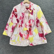 Cj Banks Jacket Women M Medium Pink Floral Collared Button Up Long Sleeve Cotton