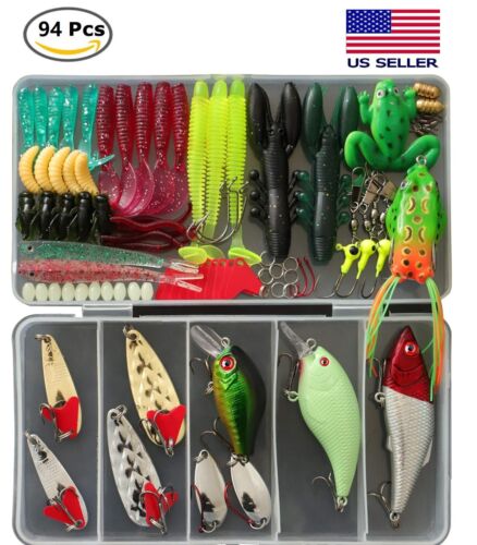 94 pcs Fishing Lures Lot Accessories kit Worm Frog Hook Sinker Bass Baits Tackle - Afbeelding 1 van 4
