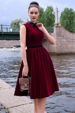 Sleeveless Burgundy Velvet Collared Dress Evening Fit and Flare Party Wear Dress