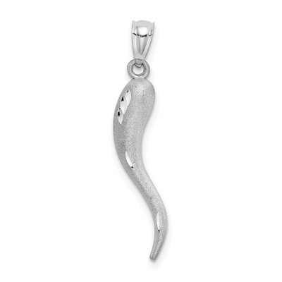14k Weißgold Massiv Diamantschliff 3-D Italienisches Horn Charm Anhänger