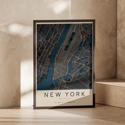 New York City Karte Poster, Navy Blau Gold Manhattan Straßenkarte, NYC Wandbild Druck