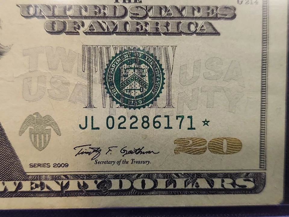 Rare 2009 US $20 Twenty Dollar Error Replacement Star Note JL02286171*  - Image 3 of 3