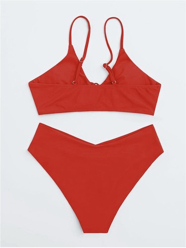 Sexybody Women's V Cut Bikini Front Tie Cutout High-Cut 2pcSwimsuit Red LARGE - Picture 5 of 18
