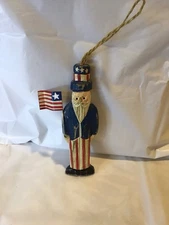 VTG Distress 4 1/2” Hand Carved Wood Uncle Sam Hanging Ornament W/ Metal Flag