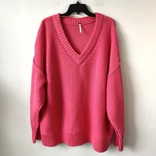 Free People Alli V-Neck Oversized Sweater Strawberry Spritz Pink S
