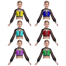 Kids Girls Shirts Athletic Crop Top Yoga Vest Ballroom Costume Jazz Mock Neck