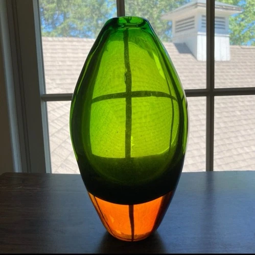 Flavio Poli Seguso Murano Art Glass Green Amber Vase Heavy 9 1/2” MCM