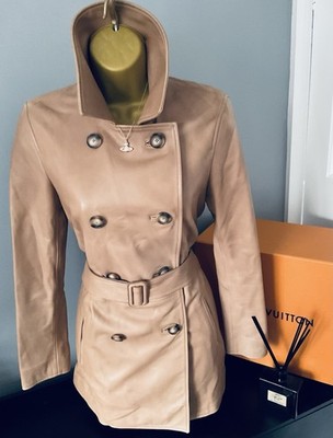 Pristine MASSIMO DUTTI Beige Leather Double Breasted Trent Coat Stunning Size XS