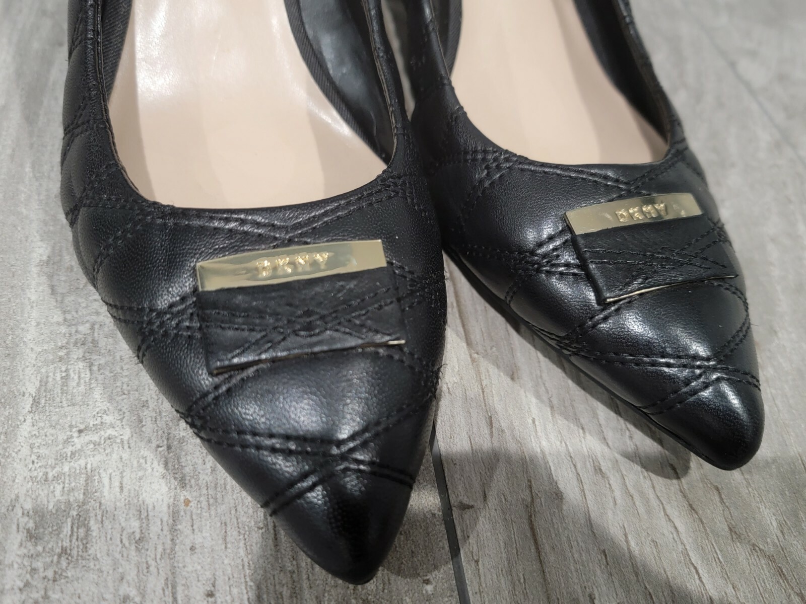 DKNY Elia Quilted Leather Pointed Toe Block Heel Pump… Gem