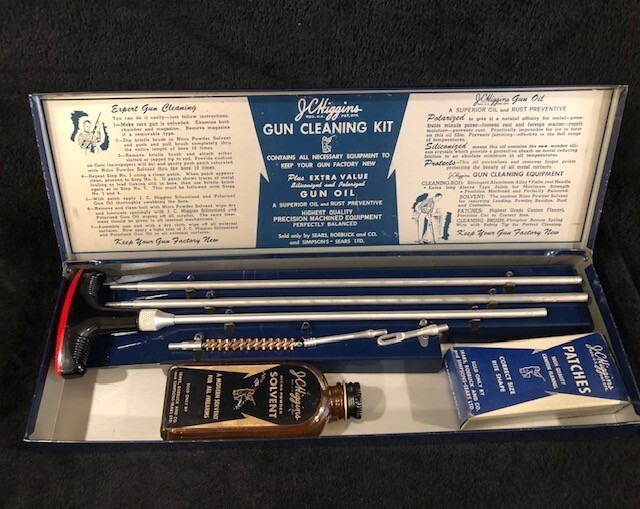 Pristine "J C HIGGINS NO. 2143" Gun Cleaning Kit In Metal Box WITH