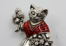 BEATRIX POTTER CAT Silver Brooch Pin red enamel shawl holding Flowers