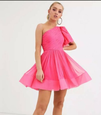 Lace Beads puff ball sleeve mini prom dress in neon pink, size