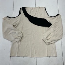 SHEIN Beige Black Cold Shoulder Chiffon Blouse Long Sleeve Womens Size Medium