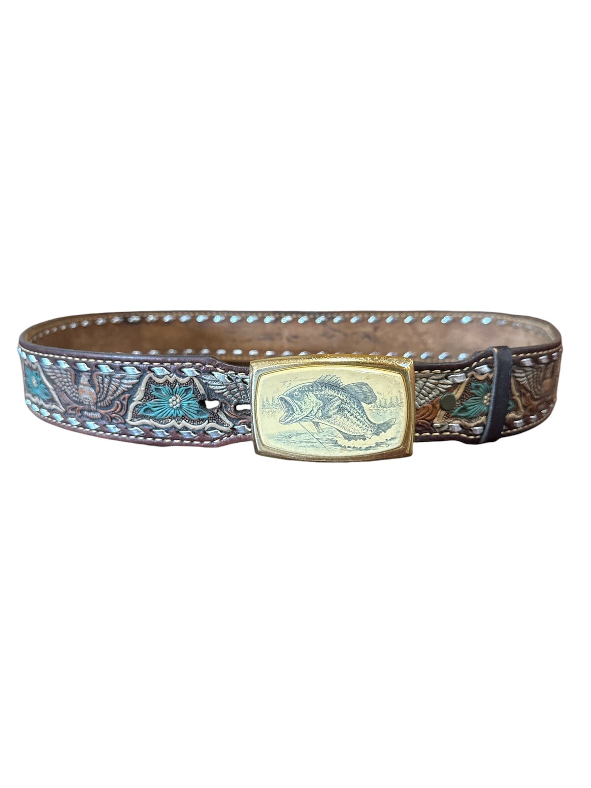 Genuine Leather Belt with Stamped Eagle and POPS Fish Buckle-image