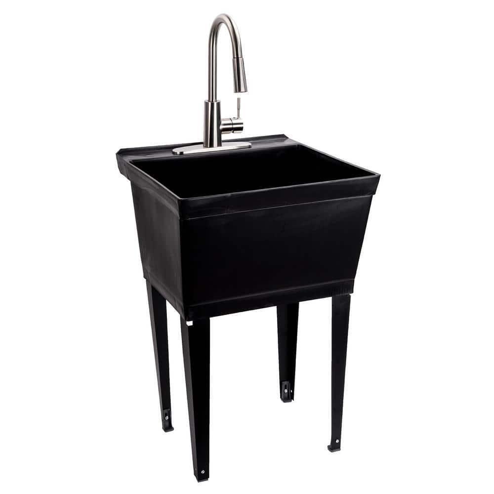 Complete 22.875 in. x 23.5 in. Black 19 Gal. Utility Sink with Metal Hybrid Stainless Steel High Arc Pull-Down Faucet Complete 22.875 in. x 23.5 in. Black 19 Gal. Utility Sink with Metal Hybrid Stainless Steel High Arc Pull-Down Faucet