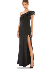 Mac Duggal ONE SHOULDER RUFFLE EVENING GOWN BLACK SIZE 4 (26372)