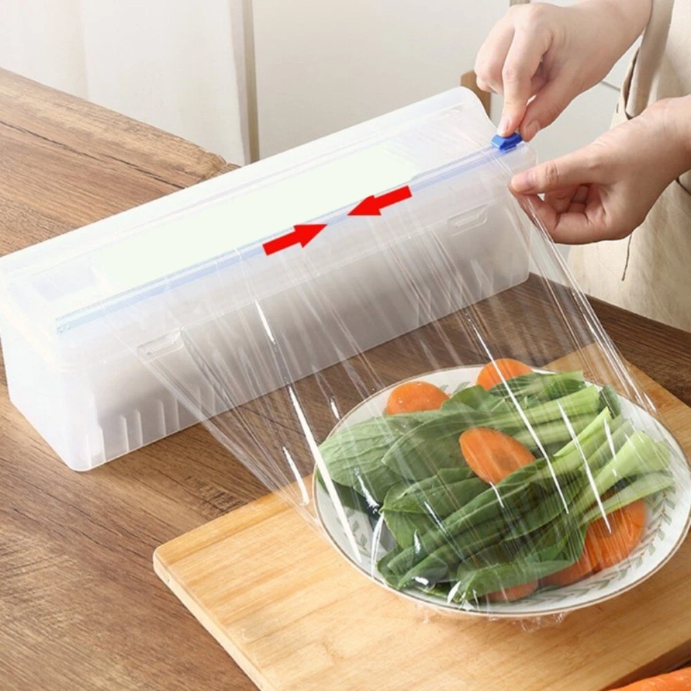 Reusable Food Plastic Wrap Dispenser with Slide Adjustable Film Cutter Tools