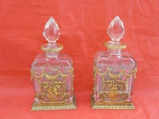 FINEST ANTIQUE DORE BRONZE CUT CRYSTAL PAIR WHISKY WINE LIQUOR DECANTERS France